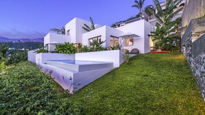 A modern house with a swimming pool, lush greenery, and a view of the cityscape.