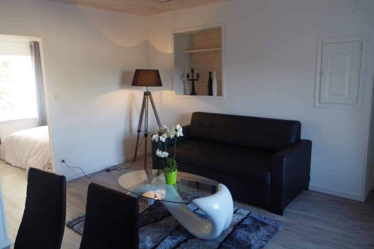 A modern living room with a glass coffee table, black sofa, and a lamp.