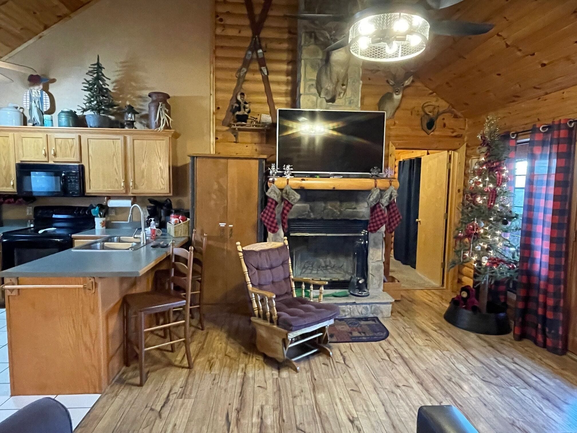 Smart TV, chimenea, reproductor de DVD, libros