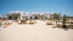Un edificio moderno blanco con varias entradas y un patio arenoso con vegetación escasa.