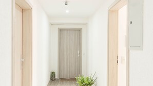 Un couloir avec un plancher en bois, une plante en pot et une porte au fond.