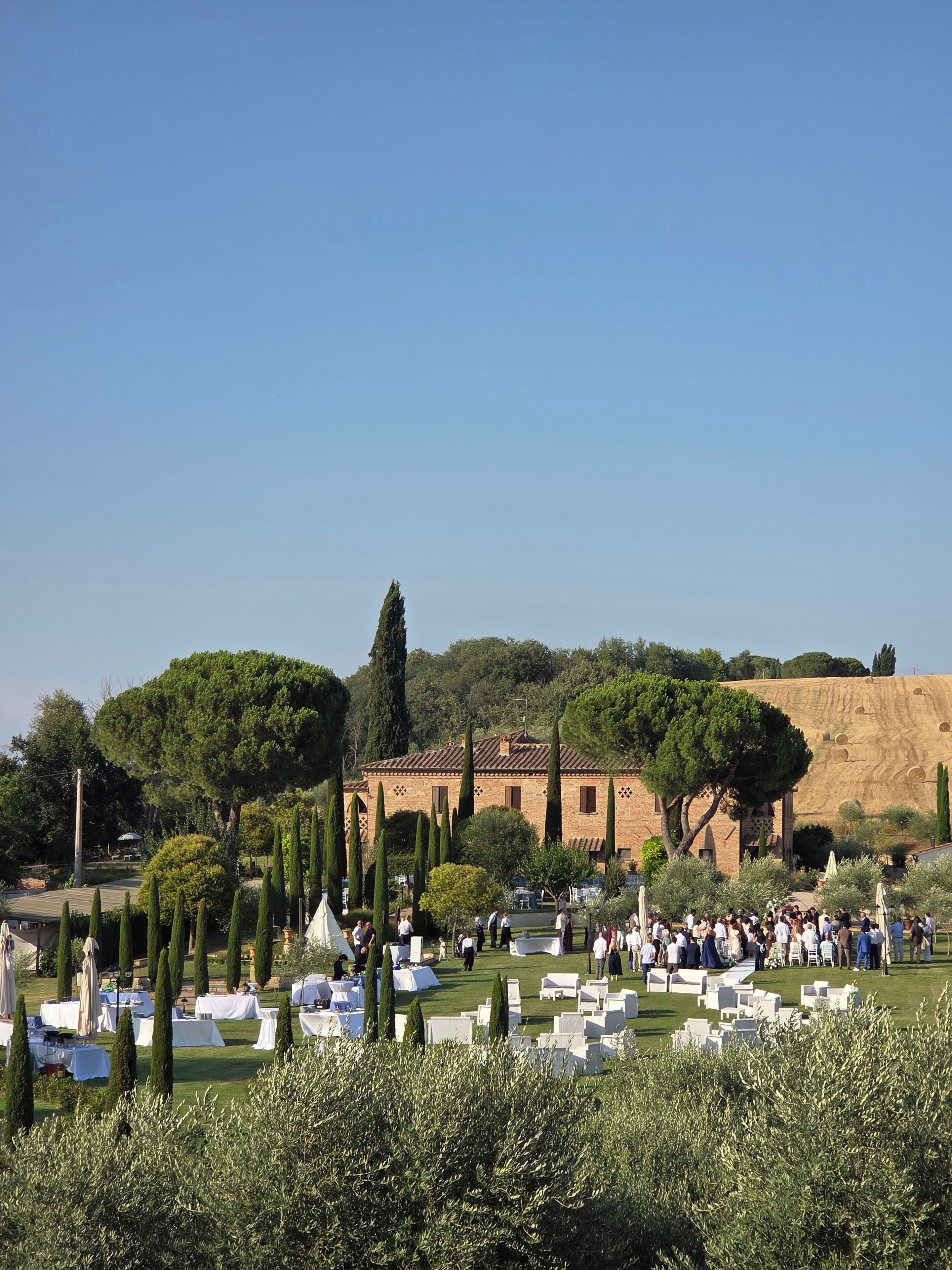 A landscaped garden with neatly arranged white tables and chairs, a variety of trees, and a building with a tiled roof.