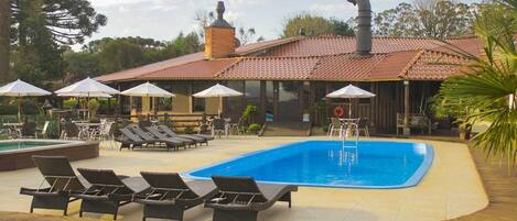 Indoor pool, outdoor pool, pool loungers