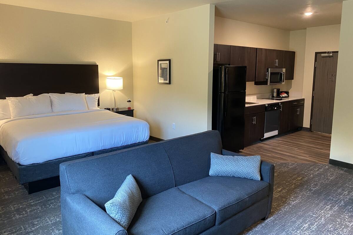 Une chambre d’hôtel avec un lit, un canapé gris, un petit coin cuisine équipé d’un réfrigérateur et d’un four à micro-ondes, et une table de chevet avec une lampe.