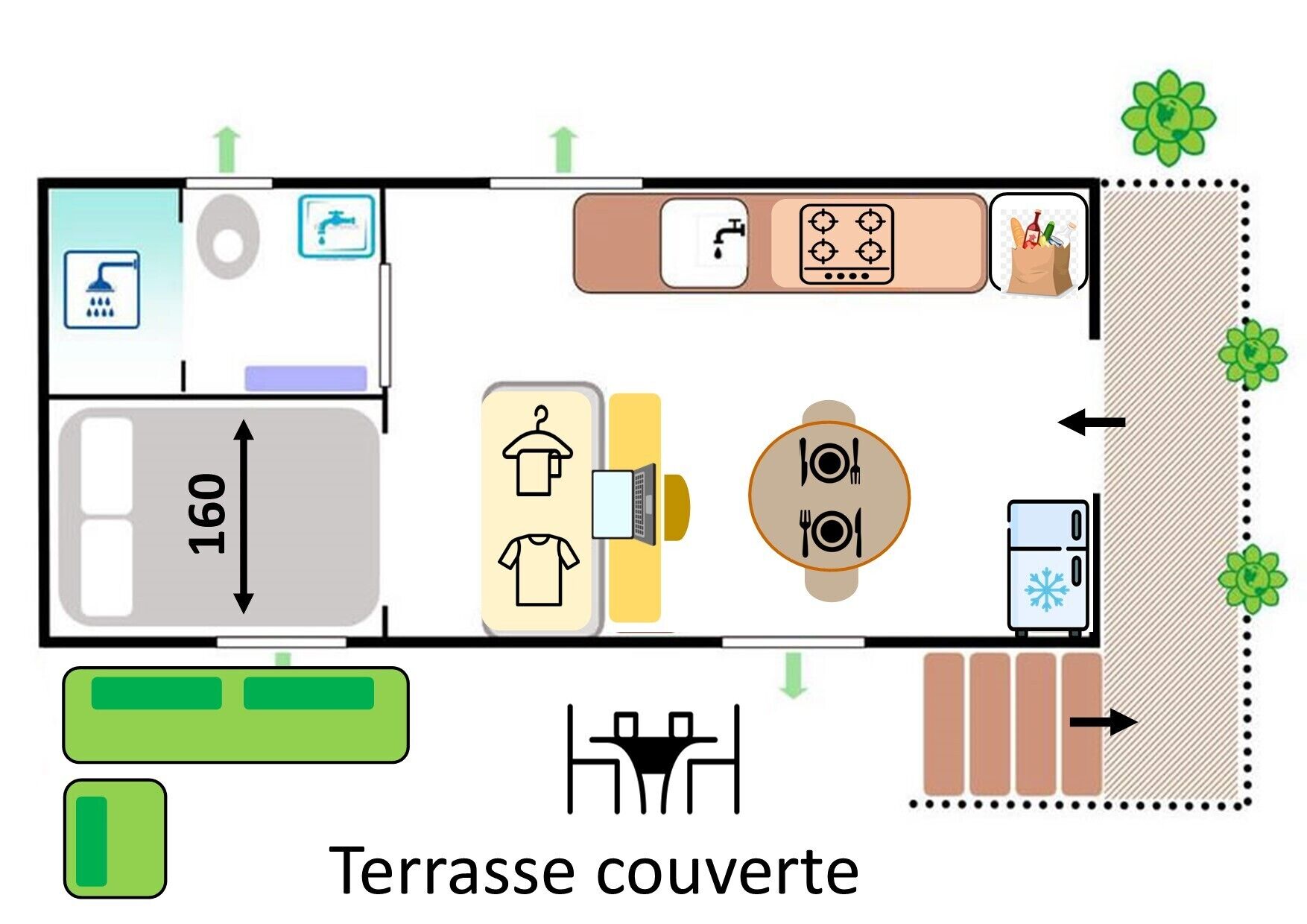 A covered terrace layout with a kitchen area, a dining table, and a seating area.