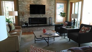 TV connectée, cheminée, lecteur de DVD, livres