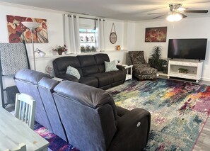 TV connectée, cheminée, livres, chaîne hi-fi