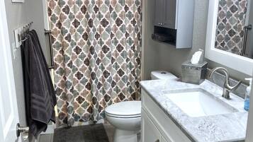 Shower, hair dryer, towels, soap