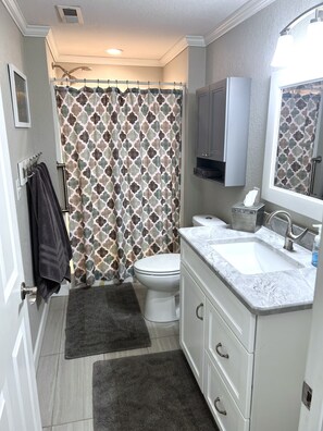 Shower, hair dryer, towels, soap
