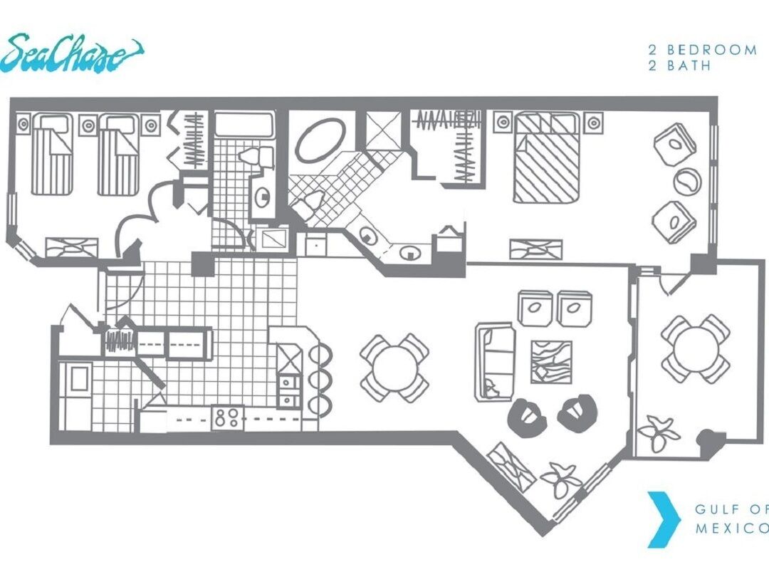 A hotel layout with 2 bedrooms and 2 bathrooms, including a dining area and a pool.