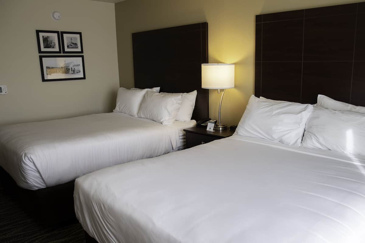 A hotel room with two beds, a nightstand with a lamp, and three framed pictures on the wall.