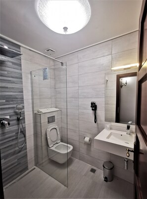 Een moderne badkamer met een douchecabine van glas, een toilet, een wastafel en een spiegel.