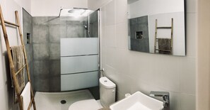 Douche, séchoir à cheveux, serviettes fournies, savon