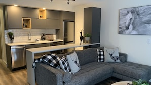 A modern kitchen with a built-in island, grey cabinetry, and stainless steel appliances. - Updated house on the Ridge -3 suites, 1 hot tub open for summer, amazing views (Silver Star Mountain)
