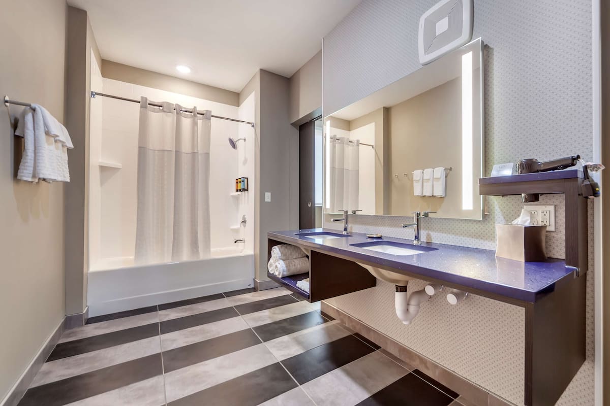 standard room, 1 king bed, accessible, refrigerator | bathroom | shower, rainfall showerhead, free toiletries, hair dryer