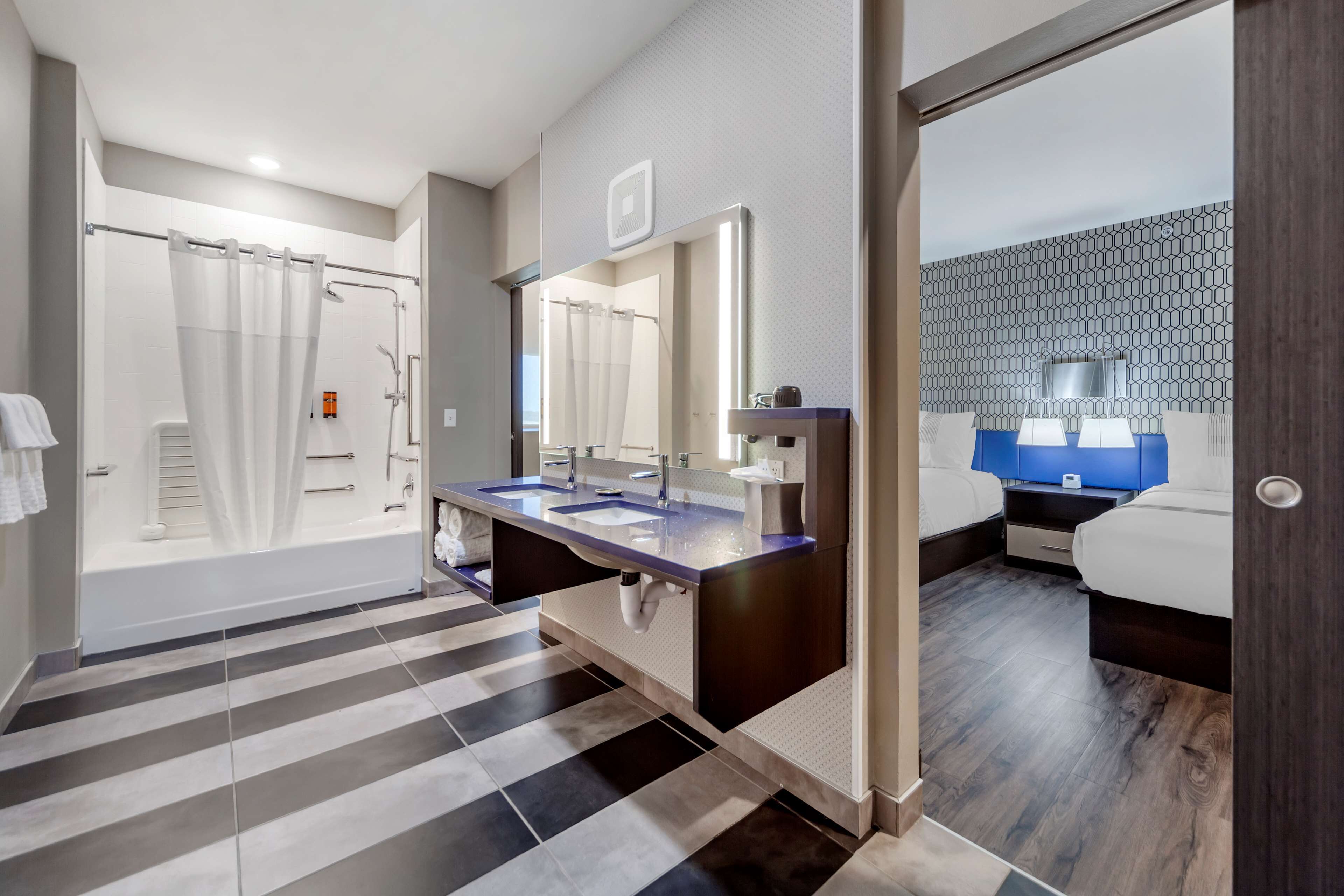 standard room, 2 queen beds, accessible, refrigerator | bathroom | shower, rainfall showerhead, free toiletries, hair dryer