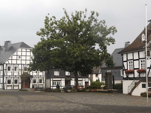 A traditional European village with timber-framed houses, cobblestone streets, and a large tree in the center.