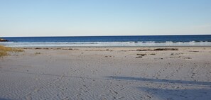 En sandstrand med fotspår som leder ner mot vattnet.