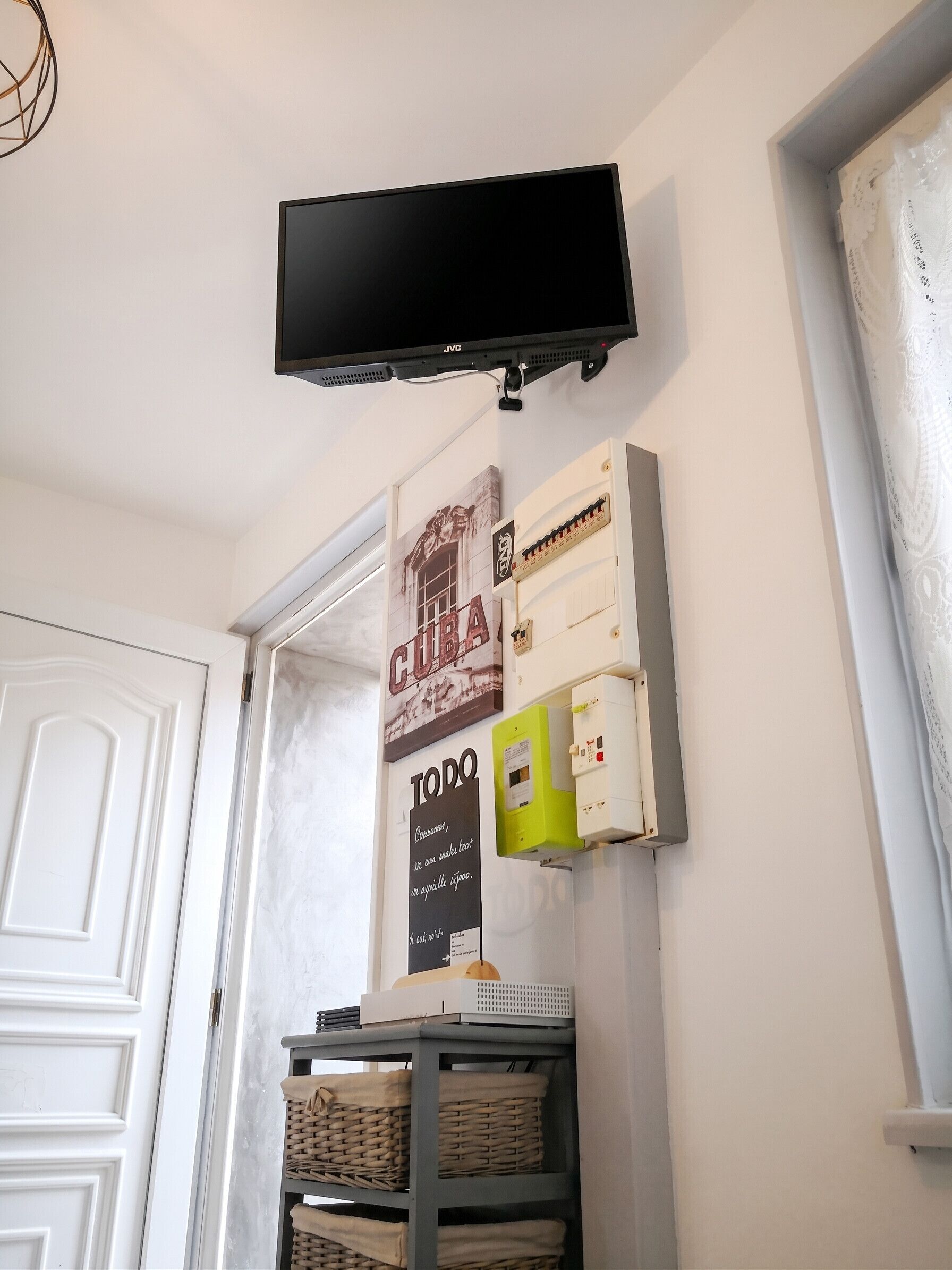 Una habitación con televisión montada en la pared, panel eléctrico instalado y una puerta.