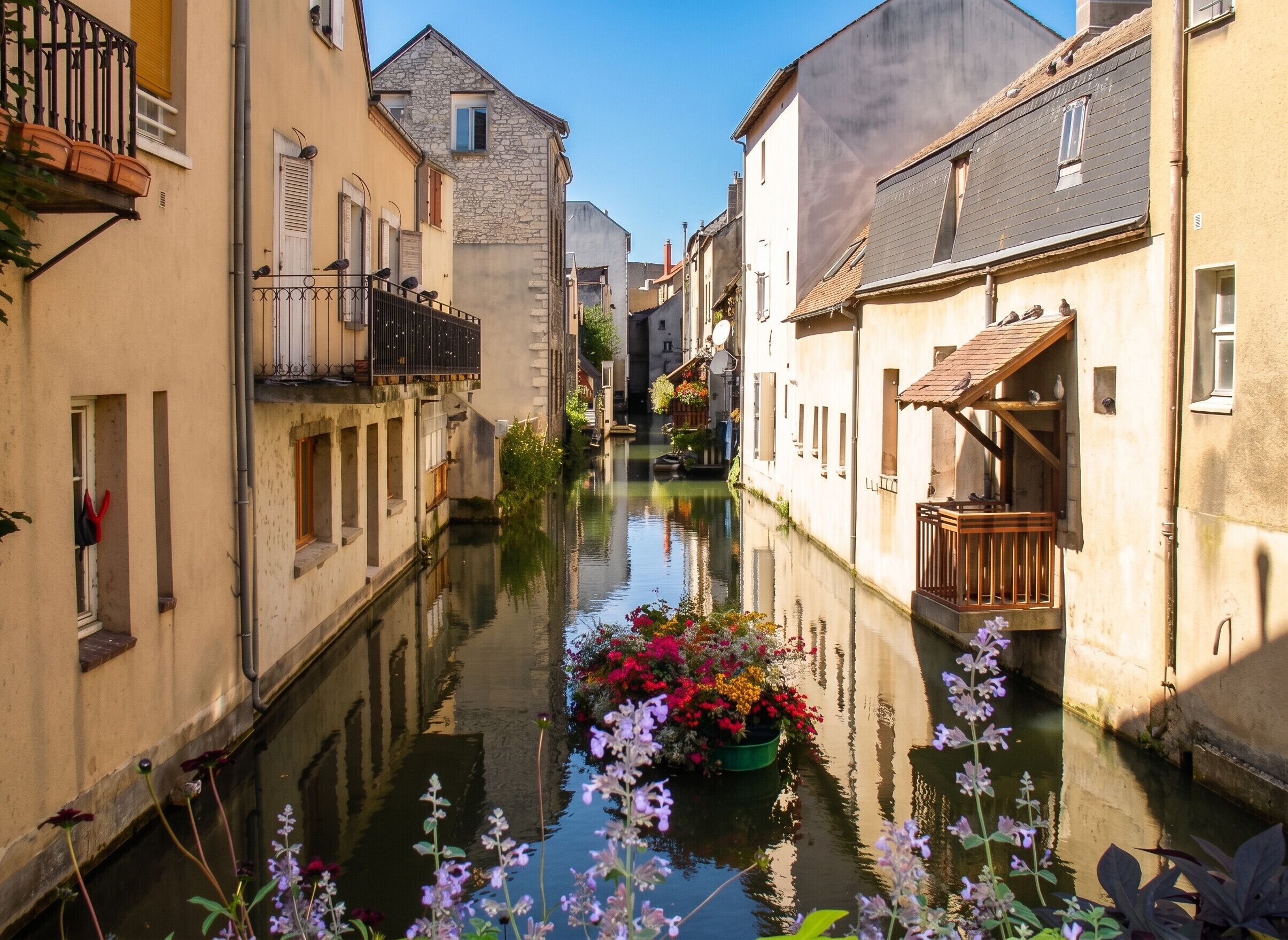 A narrow canal flanked by buildings with balconies and flower pots.