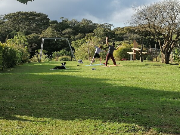 A grassy outdoor area with trees and a swing set. - Monteverde Eco Love (Monteverde)