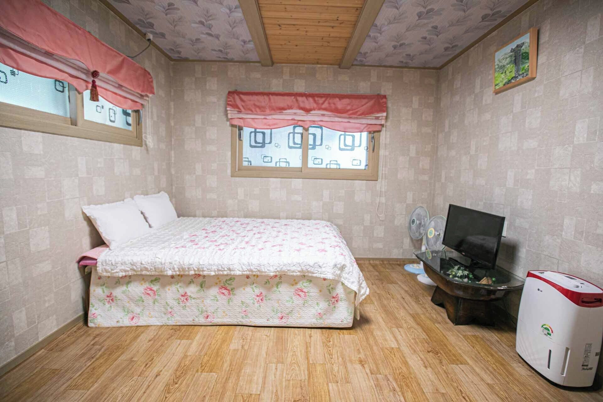 Un dormitorio con cama, televisión, calefactor y ventana con vistas a edificios.
