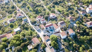 Vista aérea de una zona residencial con casas, calles estrechas y abundante vegetación.