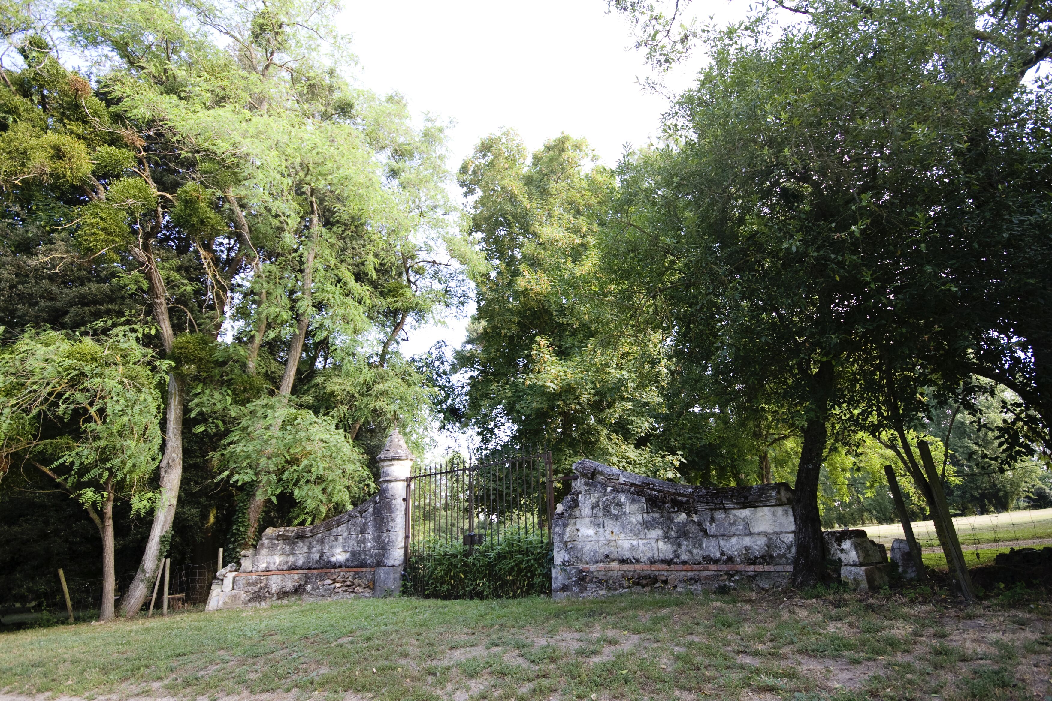Un mur de pierre surmonté d’un portail en métal, entouré d’une végétation luxuriante et d’arbres.