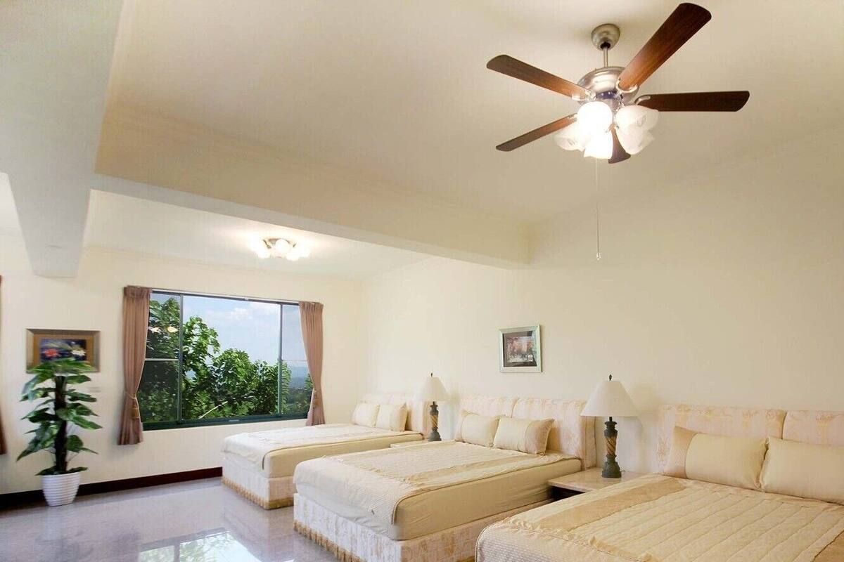 A hotel room with two beds, a ceiling fan, a large window, and a potted plant.