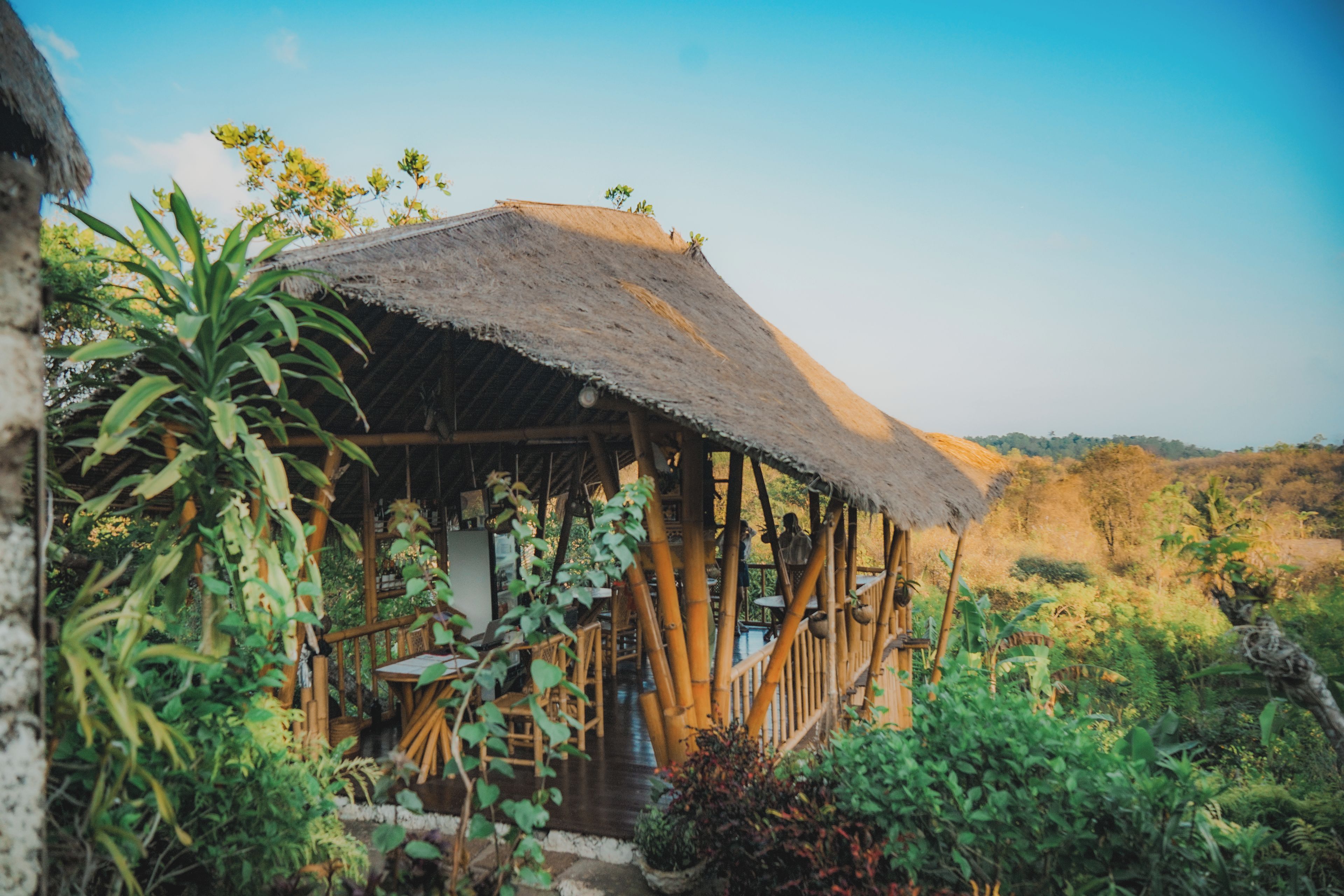 A thatched-roof structure surrounded by lush greenery, with a view of the landscape in the background.