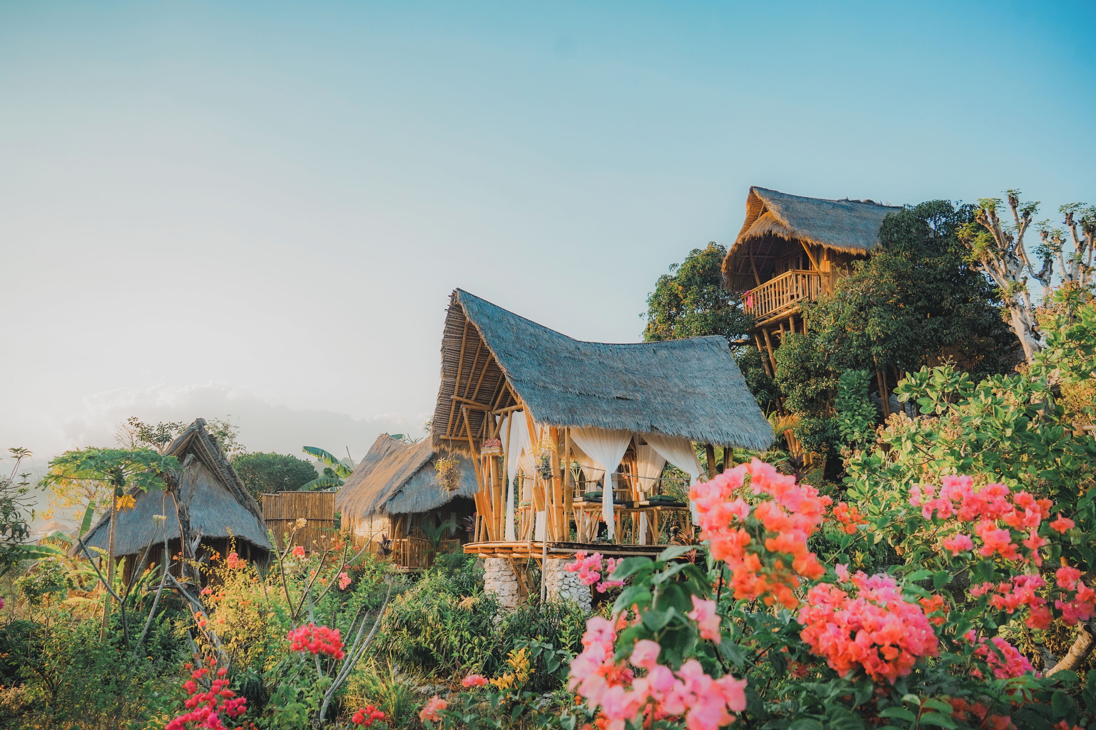 Una serie de cabañas con techo de paja y balcones de madera, rodeadas de exuberante vegetación y plantas con flores.