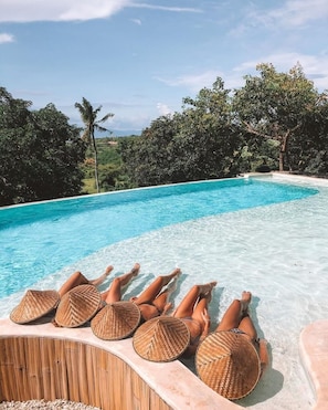 Outdoor pool, pool umbrellas, sun loungers