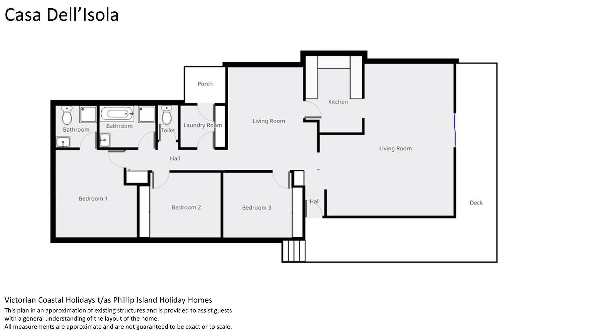 Grundriss von Casa Dell'Isola mit drei Schlafzimmern, einer Küche, einem Wohnzimmer, einem Badezimmer, einem Waschraum, einer Veranda und einem Flur.