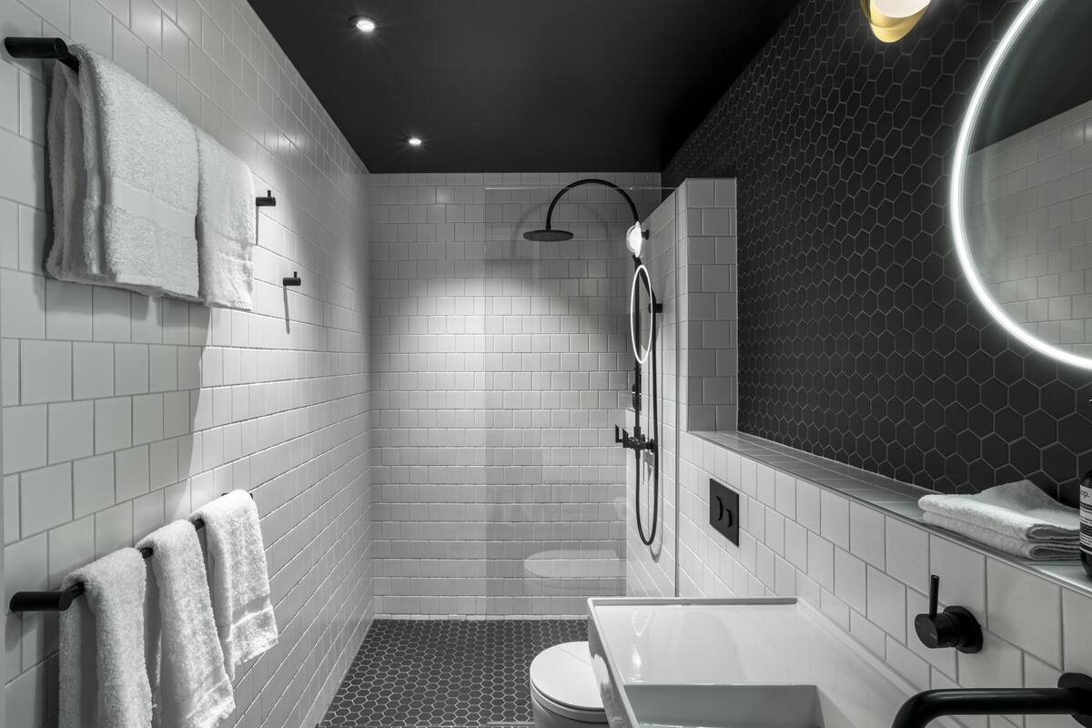 homestead | bathroom | shower, rainfall showerhead, designer toiletries, hair dryer