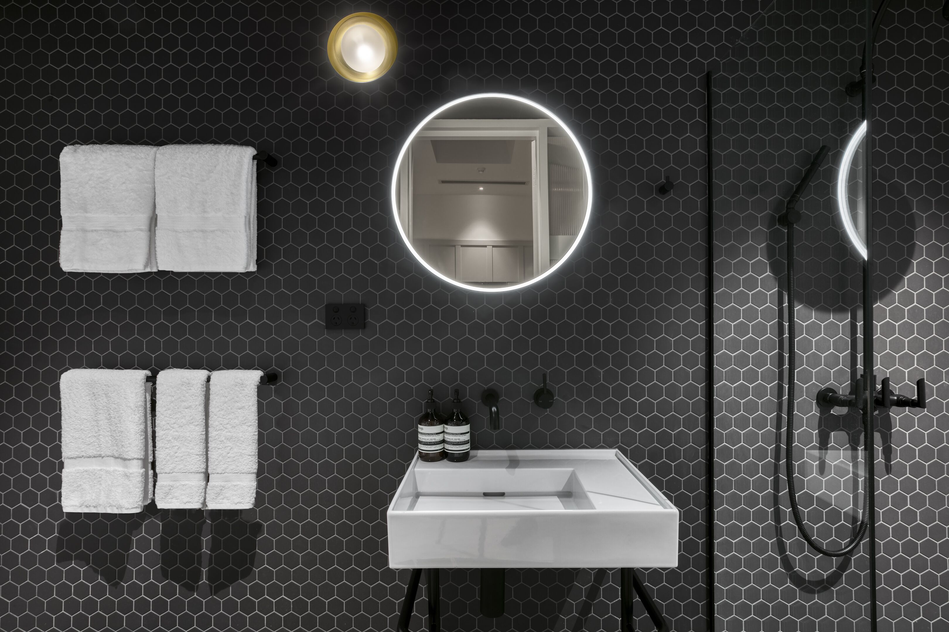 farmhouse | bathroom | shower, rainfall showerhead, designer toiletries, hair dryer