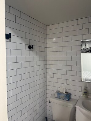 Douche, sèche-cheveux, serviettes fournies, savon