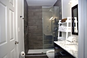 A modern bathroom with a glass-enclosed shower, a white toilet, and a marble countertop. - Great Location,  beautiful home on the water,beach, pool and top amenities (Georgetown)