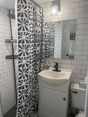 Shower, hair dryer, towels, soap