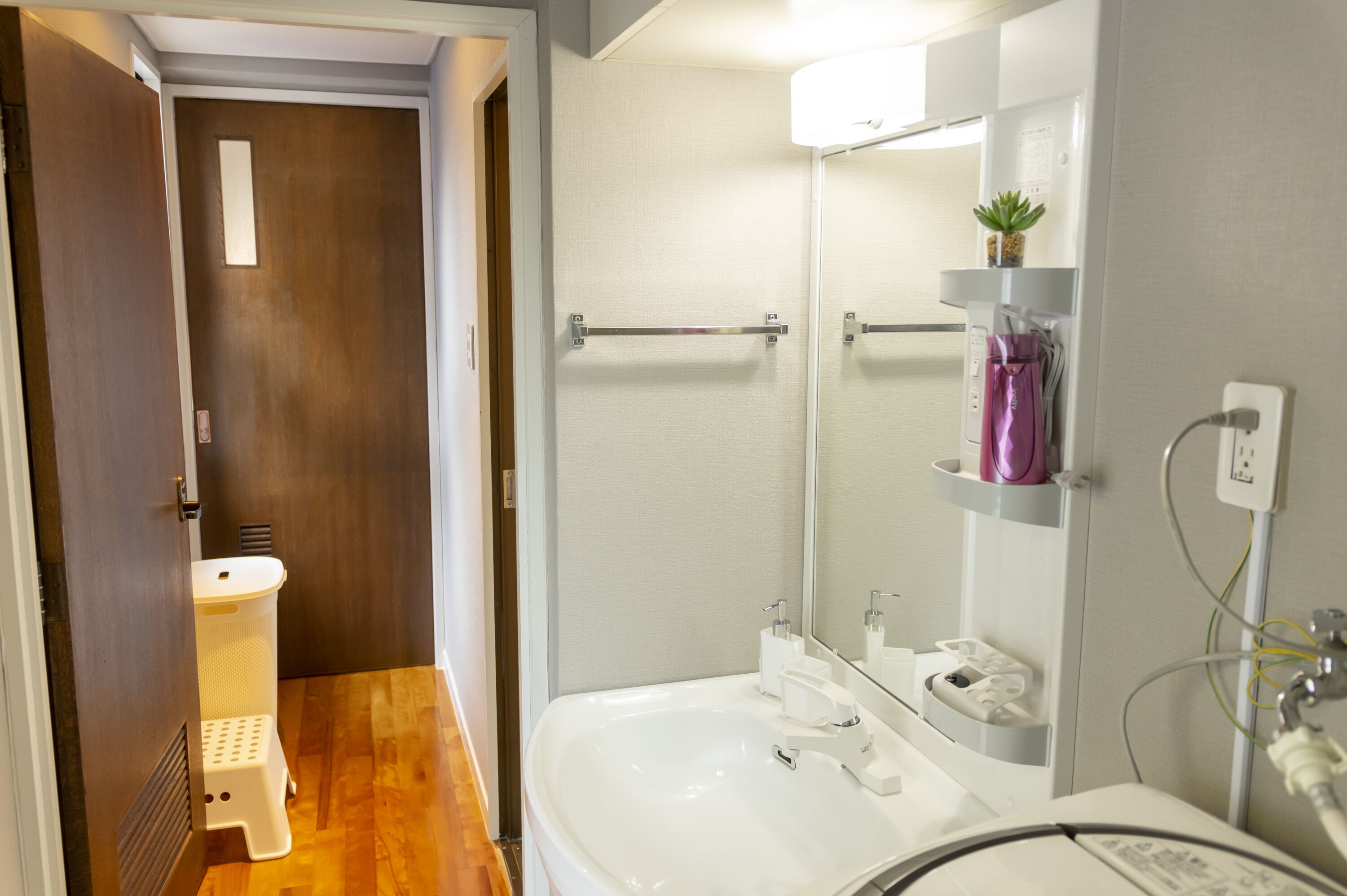 Un baño con lavamanos blanco, espejo y toallero. Hay una planta pequeña sobre el espejo y una toalla morada en el toallero.