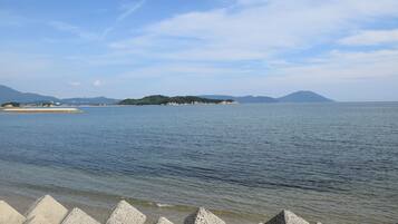 A calm body of water with a distant island and mountains.