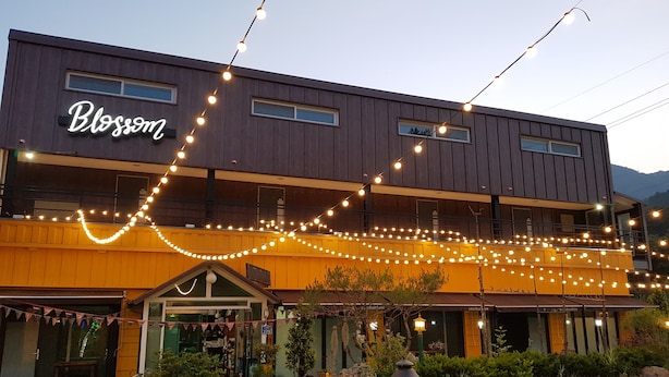 Un edificio con un letrero que dice "Blossom" y un espacio exterior bien iluminado decorado con luces colgantes.