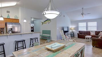 Smart TV, DVD player, foosball, books