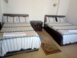 Two single beds with striped bedding, a small wooden nightstand, and a floral rug.