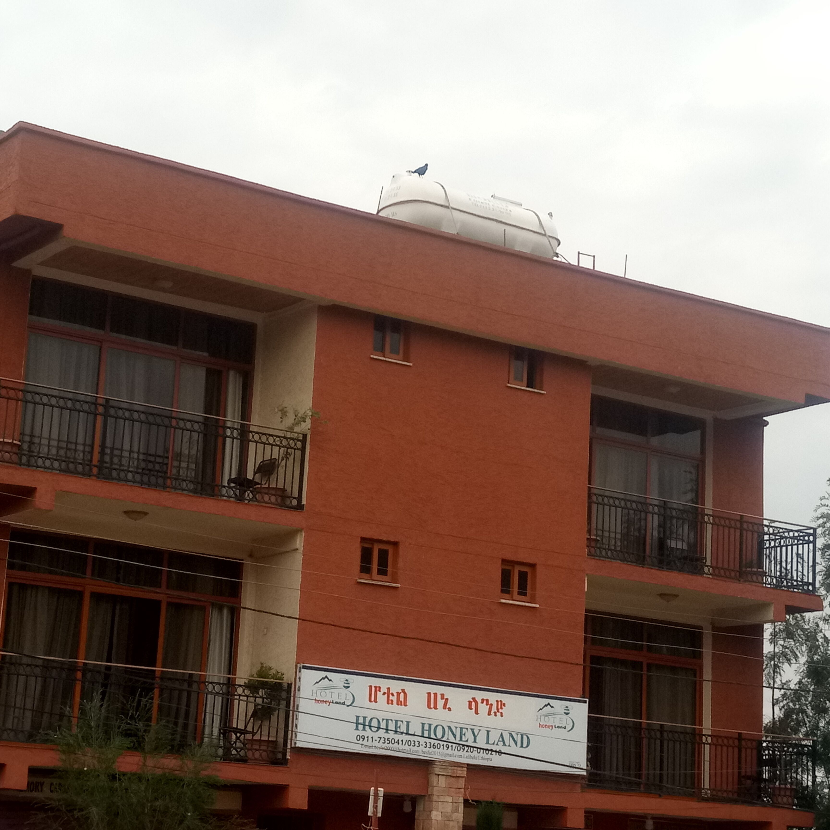 A multi-story building with balconies and a sign for Hotel Honey Land.