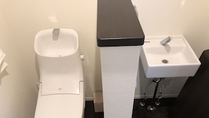 A white toilet with a black seat, a white sink, and a black countertop. - SoraTerrace (Nishitokyo)