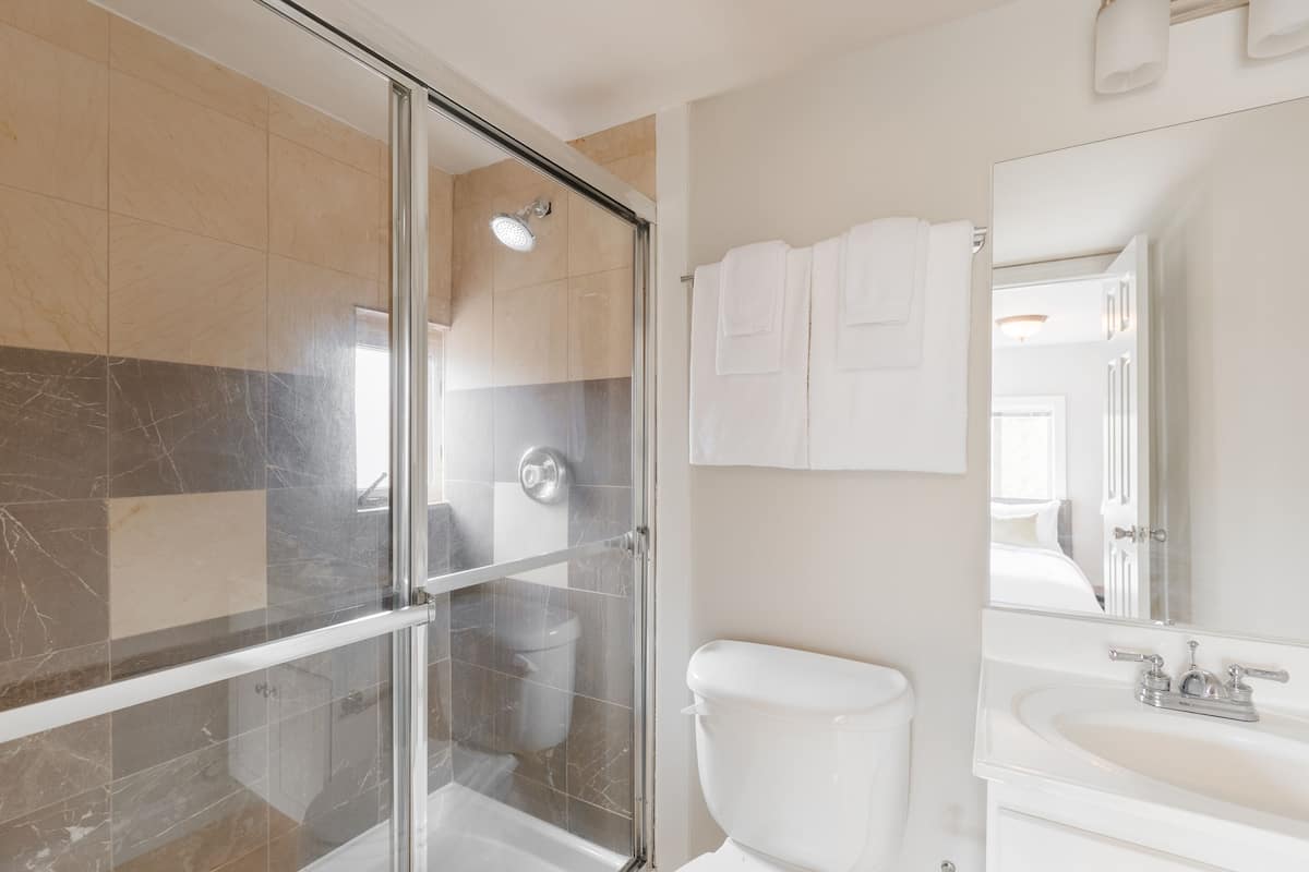 Shower, designer toiletries, hair dryer, towels