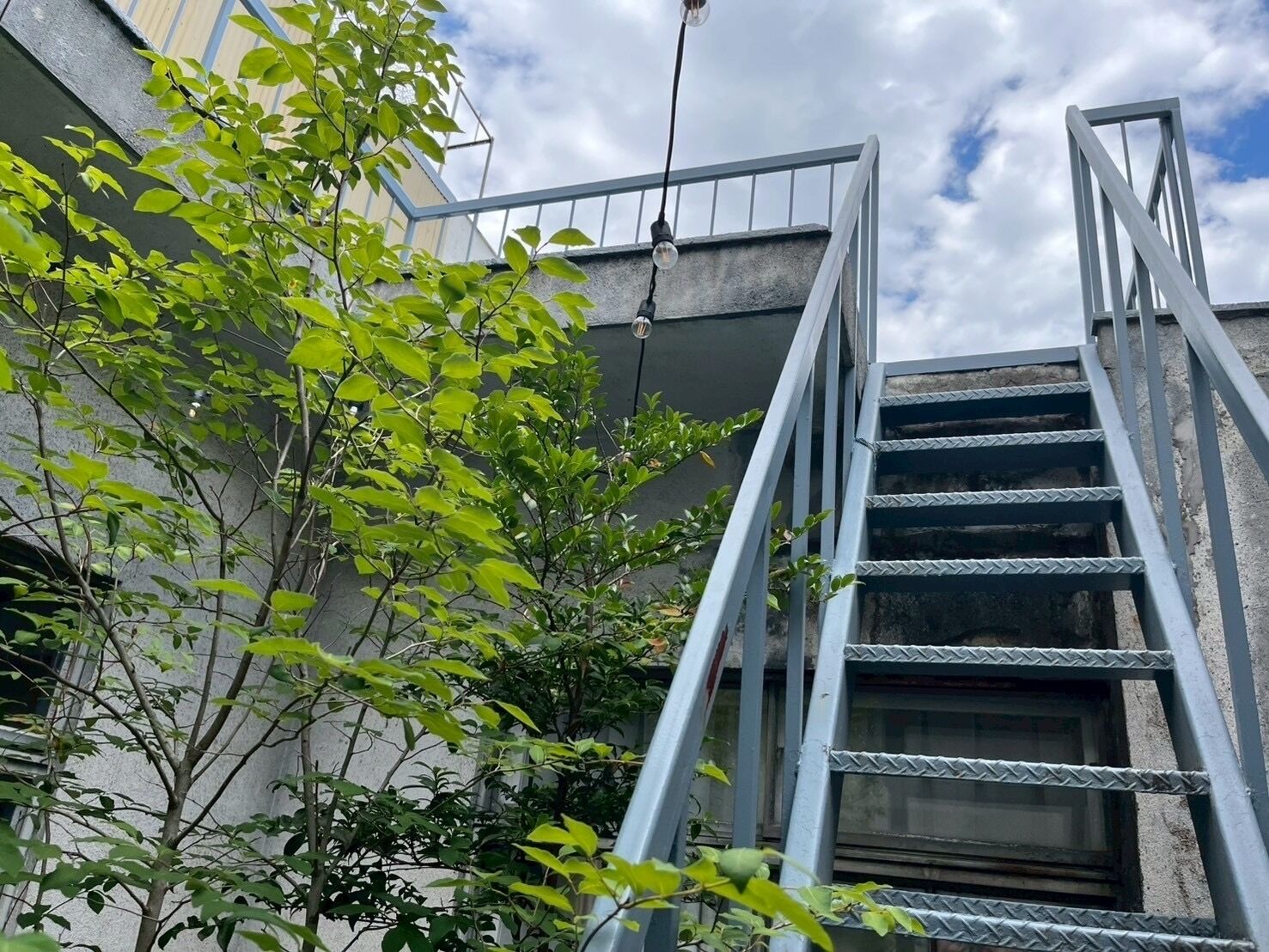 A metal staircase leading to a building's upper level, surrounded by greenery.