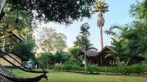 A hammock hanging from a tree, a wooden house with a red roof, and a tall palm tree in a grassy area.