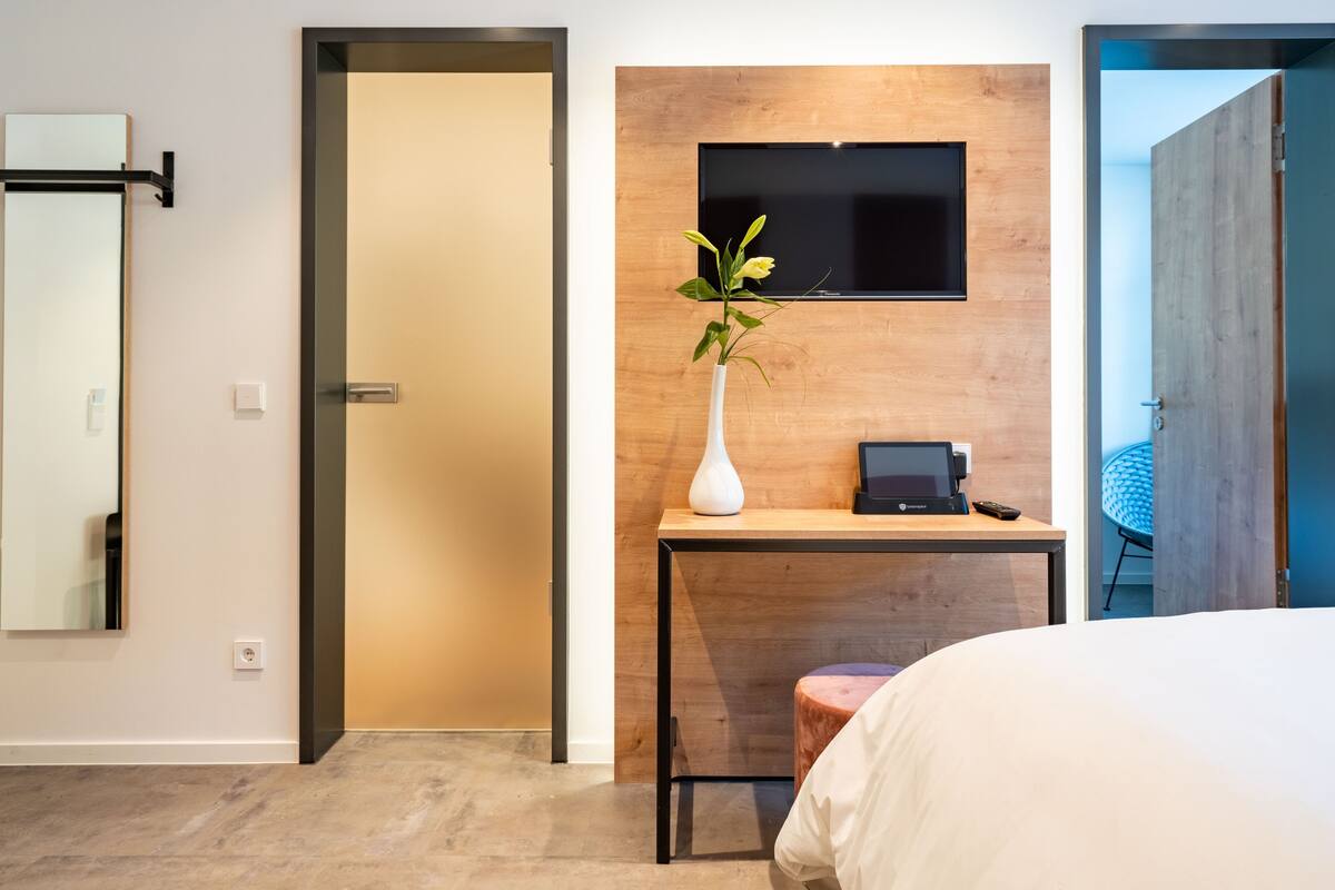 A modern hotel room with a large bed, a bedside table with a laptop, a mounted TV, and a potted plant.