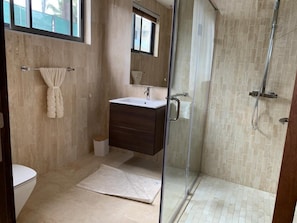 A modern bathroom with a glass shower enclosure, a sink with a mirror, and a toilet.